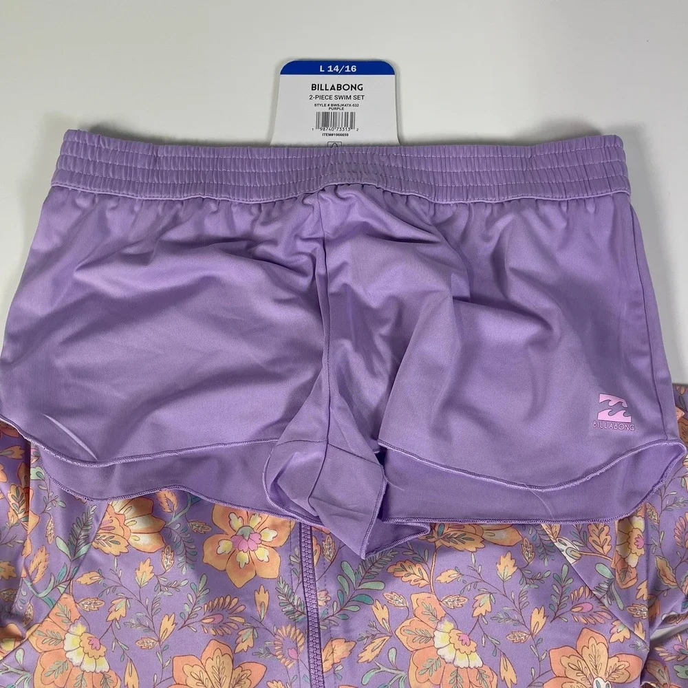 Billabong Girls Purple Floral 2-Piece Swim Set Rash Guard Bodysuit Shorts 14/16